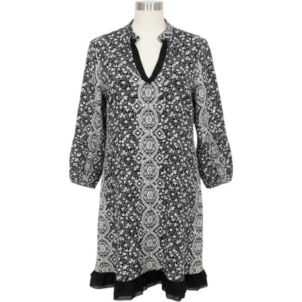 Almatrichi Dress Women 48 Black White Floral Medallion Ruffle Spain Vacation